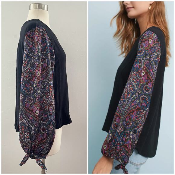 Anthropologie Akemi + Kin Maybelle Paisley Balloon Tied-Sleeve Top Black Medium - Picture 3 of 10